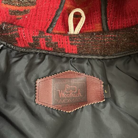 VTG Woolrich Womens Aztec Wool Hooded Jacket Size L Red Tribal Native USA 90s - Picture 10 of 16